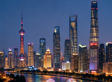 Concept illustration: skyline of a contemporary megacity at dusk