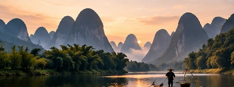 Concept illustration: karst peaks above a misty river