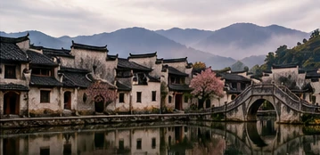 Concept illustration: whitewashed village reflected in water