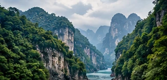 Concept illustration: river canyon between green cliffs